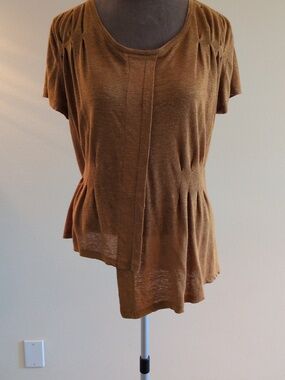 Michelle Nicole Top Med Heavy Linen Knit Mustard Pleated Lagenlook Popover Tee